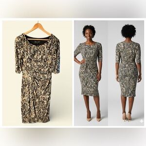 Connected Apparel Black and Tan Abstract Midi Dress